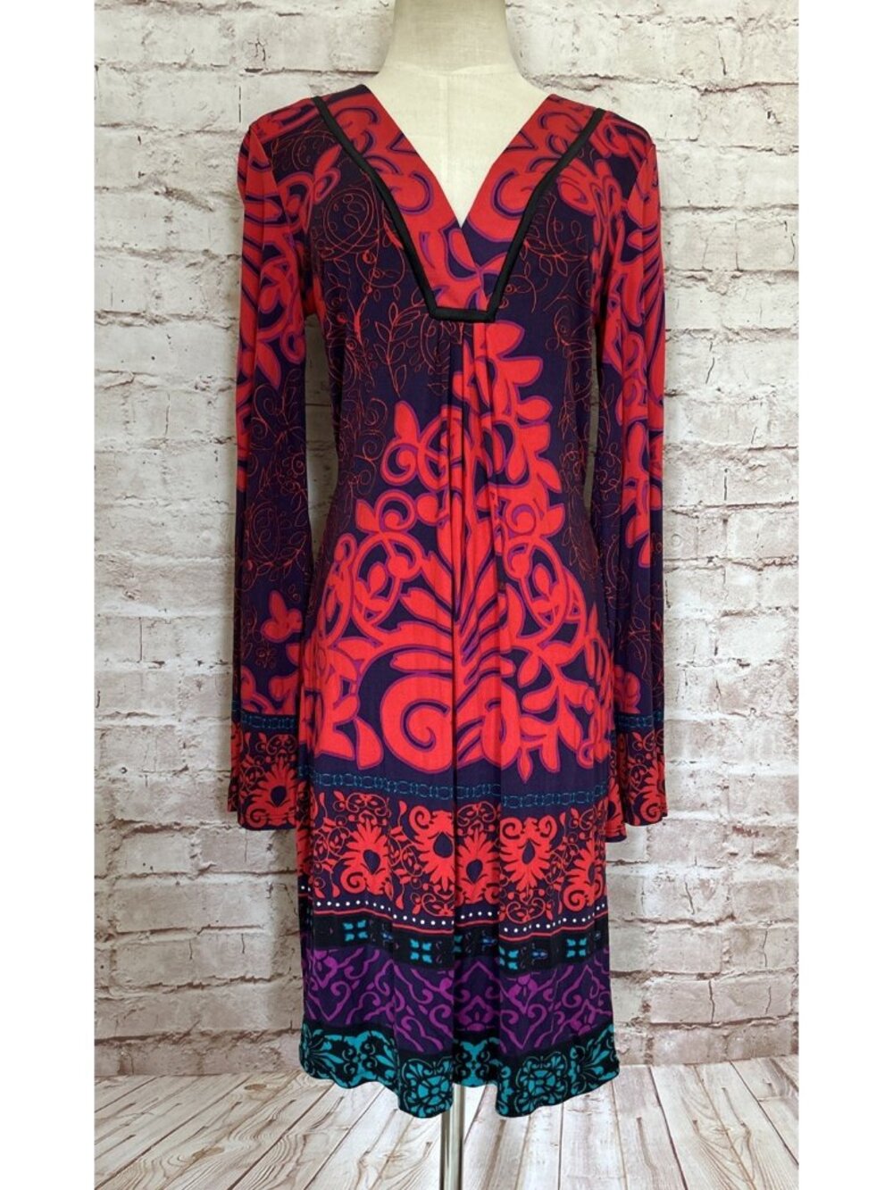 Hale Bob Womens Sheath Dress Paisley Silk Jersey Long Sleeve Red Purple Size S